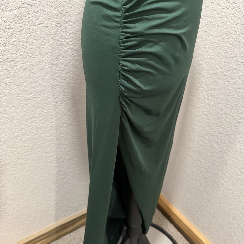 Hello Molly Maxi Dress Green Satin Wrap Slit Formal Evening Size Small USA - Picture 4 of 11